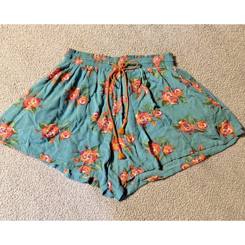 Matilda Jane Women's Teal Floral Linen Sway Shorts Size Medium Beach Summertime
